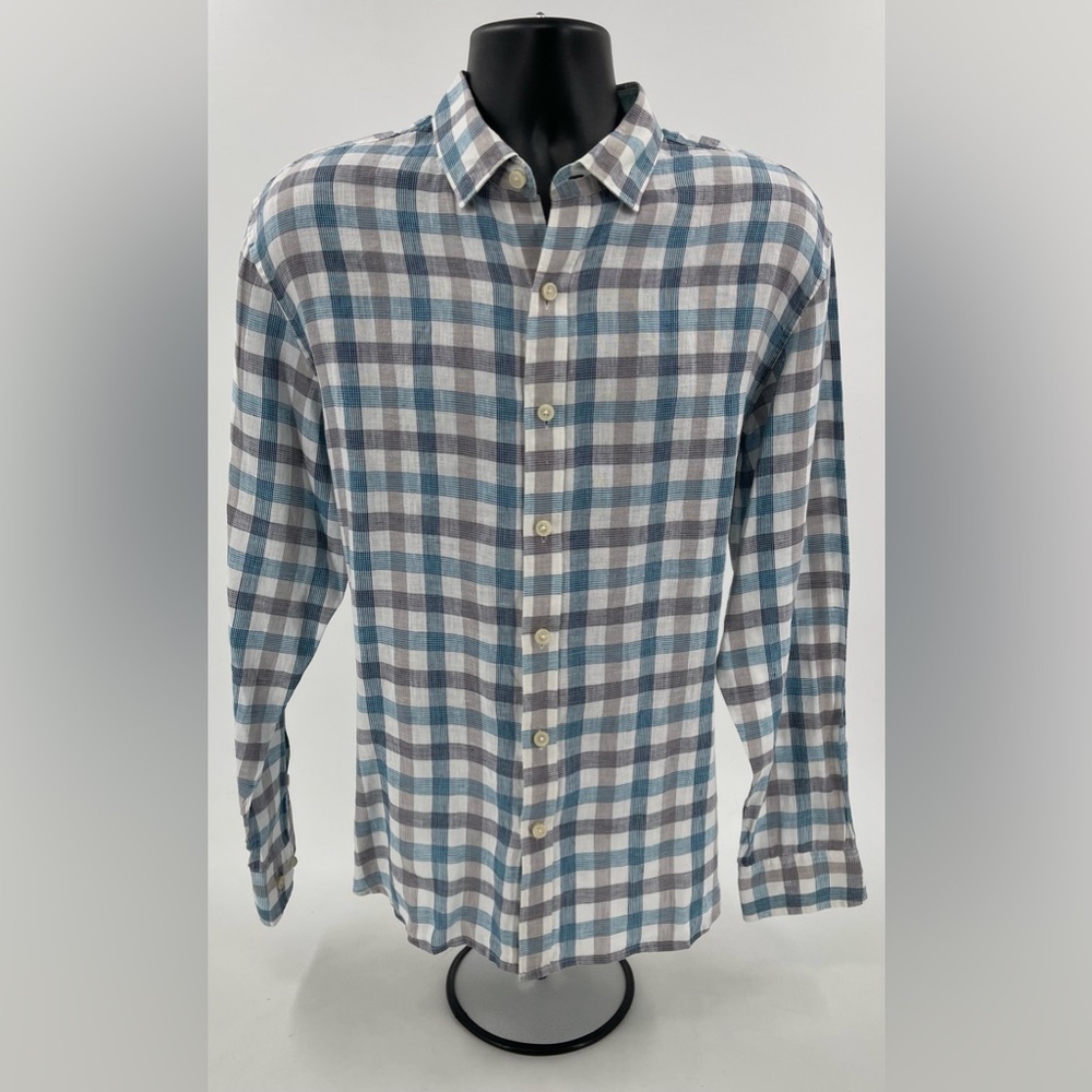 Tommy Bahama White Grey & Aqua Linen Shirt Button Down Long Sleeve Men’s Large L